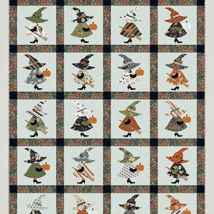 May include: A quilt pattern titled Witch Hat Sally by Stringtown Lane Quilts, measuring 50 inches by 62 inches. The design features a grid of twenty blocks, each displaying a witch figure with a patterned hat, a broom, and a pumpkin.
