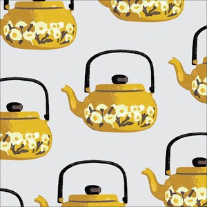 May include: A pattern of yellow teapots with white floral designs on a light gray background.