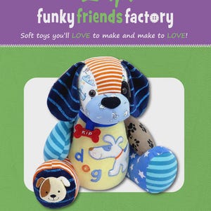 May include: A colorful soft toy dog, approximately 12 inches tall, with patches of blue, orange, and patterned fabrics. The dog has a red bone-shaped tag that says "KIP". The text "funky friends factory" and "Kip the Keepsake Dog" are also visible.