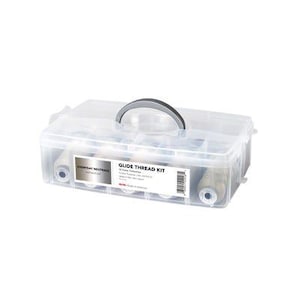 May include: A clear plastic storage case with a grey handle containing multiple spools of neutral-colored thread. A white label on the front reads Everyday Neutrals Glide Thread Kit, 10 Color Collection, All Purpose Lint Free Thread.