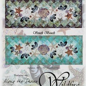 May include: A fabric design featuring two rectangular panels with a beach theme. Each panel showcases starfish, seashells, and other marine elements. The text "Beachcombing" and "North Beach" and "South Beach" are visible. Finished size is approximately 40" x 15".