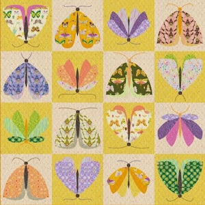May include: A quilt with a repeating pattern of colourful moth illustrations. Each moth has unique wing designs in shades of yellow, orange, pink, green, and purple. The background is a light yellow grid.