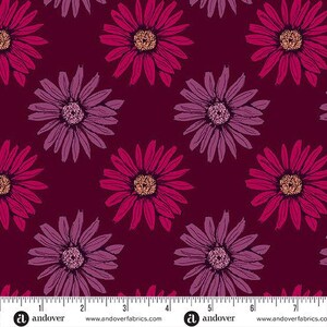 May include: A fabric pattern featuring a repeating floral design. The flowers are in shades of pink and purple with yellow centers, set against a deep burgundy background. The design includes the text "andover fabrics" at the bottom.