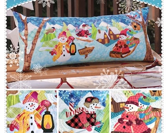 May include: Snowman Village Pillow pattern featuring three different snowman designs. The first snowman is holding a lantern, the second is skiing, and the third is riding in a sled with another snowman. The pattern is from Shabby Fabrics.