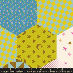 May include: A patchwork fabric design with geometric shapes. The design includes teal, yellow, and olive green hexagons with patterns of flowers, stars, and checkered squares. The text "RUBY STAR SOCIETY" is at the bottom.