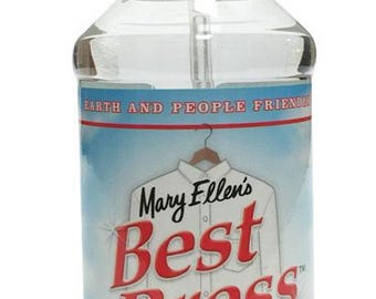 May include: A clear plastic spray bottle with a blue and white label that reads "Mary Ellen's Best Press The Clear Starch and Sizing Alternative Scent-Free 16.9 FL OZ (473 mL)"