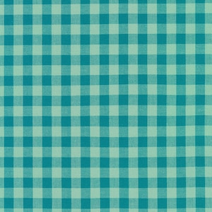 May include: A teal and light green checkered fabric with a woven texture.