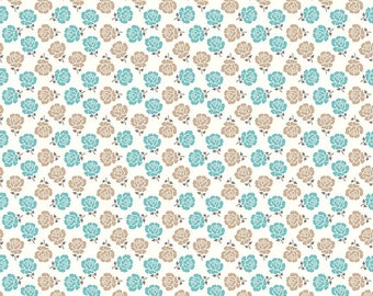 May include: White fabric with a repeating pattern of small blue and brown roses.
