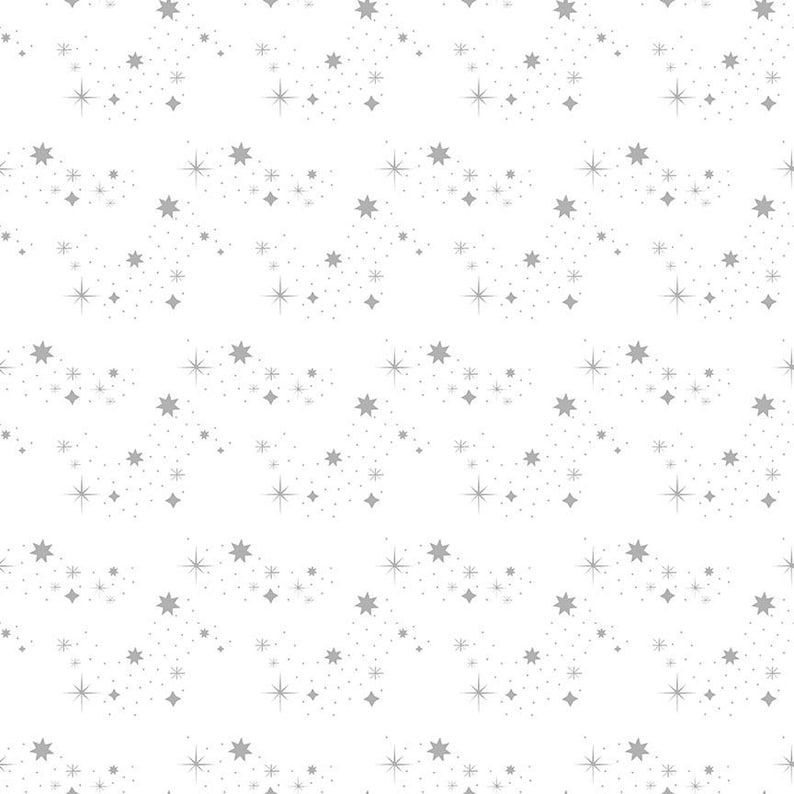 May include: A seamless pattern of silver stars on a white background. The stars are of different sizes and have a sparkle effect.