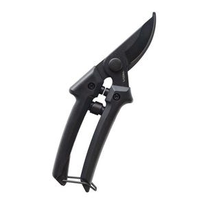 May include: Black pruning shears with curved blades and ergonomic handles. The shears have a spring mechanism and a safety latch. Ideal for gardening and trimming plants.