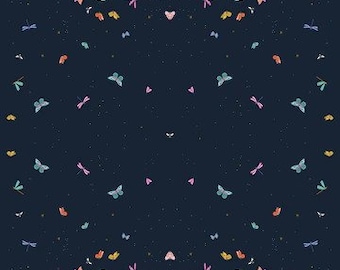 May include: A dark blue fabric with a repeating pattern of colorful flowers, butterflies, and dragonflies. The pattern is symmetrical and has a vintage feel.