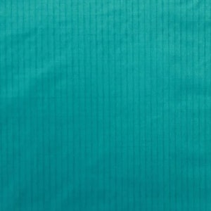 May include: A close-up of a teal fabric with a subtle vertical striped pattern.