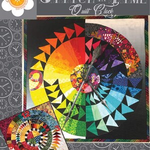 May include: A colorful quilt block pattern titled "A Stitch in Time." The design features a clock face with a rainbow color scheme and a smaller, completed quilt block. The pattern includes the text "Orange Blossom Quilt Design Studio."