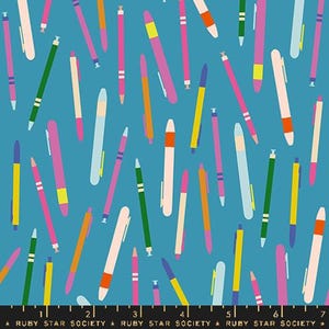 May include: A teal fabric featuring a random arrangement of colourful pens in pink, orange, yellow, green, and white. The pens are of different sizes and directions. The text "RUBY STAR SOCIETY" is at the bottom.