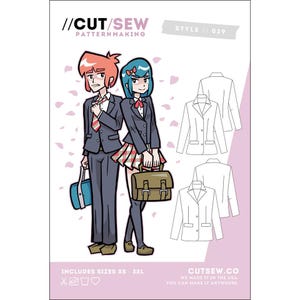 May include: A patternmaking guide features a cartoon illustration of two students in school uniforms. The text reads "//CUT/SEW PATTERNMAKING" and "STYLE //029". Includes sizes XS-3XL. The website is cutsew.co.