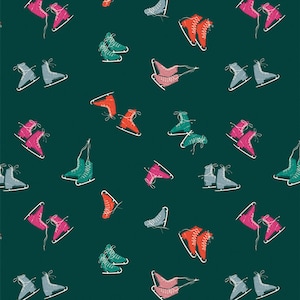May include: A teal background with a repeating pattern of colorful ice skates. The skates are in various colors, including red, pink, green, and blue. The pattern is a fun and festive design.