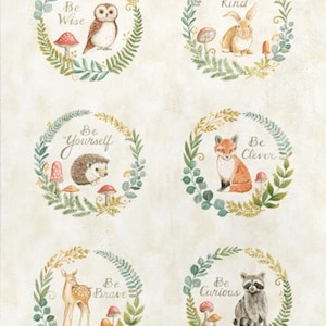 May include: Watercolor illustration featuring woodland animals and inspirational phrases. The design includes an owl, rabbit, hedgehog, fox, deer, and raccoon, each within a leafy wreath. Text includes "You are Loved" and "You are Cherished".