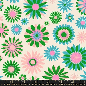 May include: A seamless pattern featuring a repeating design of pink, green and blue flowers with a white background. The flowers have multiple layers of petals and a central circle.