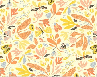 May include: A seamless pattern featuring a variety of stylized butterflies, leaves, and flowers in shades of yellow, orange, pink, and blue on a cream background.