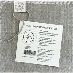 May include: A white linen coffee filter with a tag that reads "100% Linen Coffee Filter" and "For Chemex Creates a Smoother Brew Reusable/Sustainable". The tag also includes instructions for using the filter.