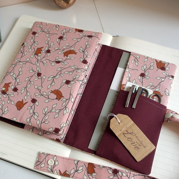 Calendar cover HASEN for calendar in A5 book cover envelope organizer in old pink with branches bunnies pen compartment