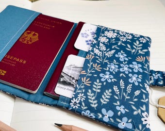 Passport cover FLORAL BLUE water-repellent cover for ID cards and passports sewn