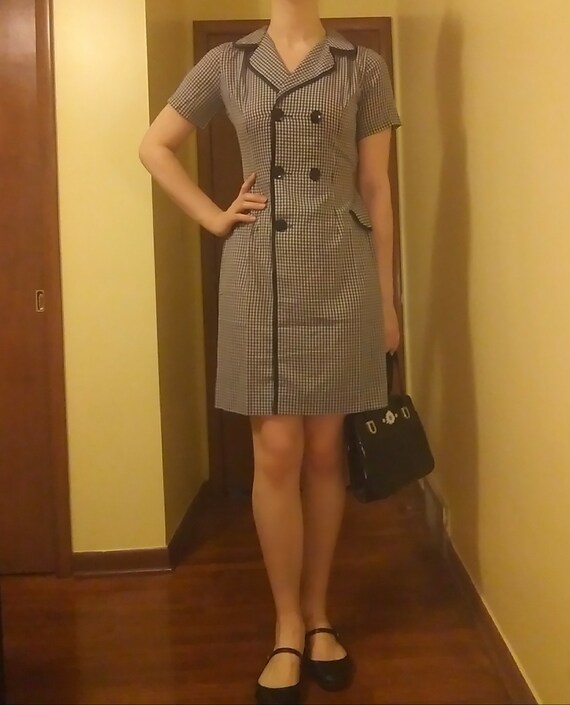 Vintage 60s Gingham Black and White Sheath Dress