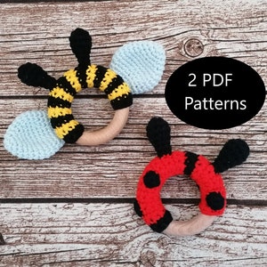 May include: Two crochet baby teether patterns, one bee and one ladybug, with wooden rings. The patterns are available as 2 PDF downloads.