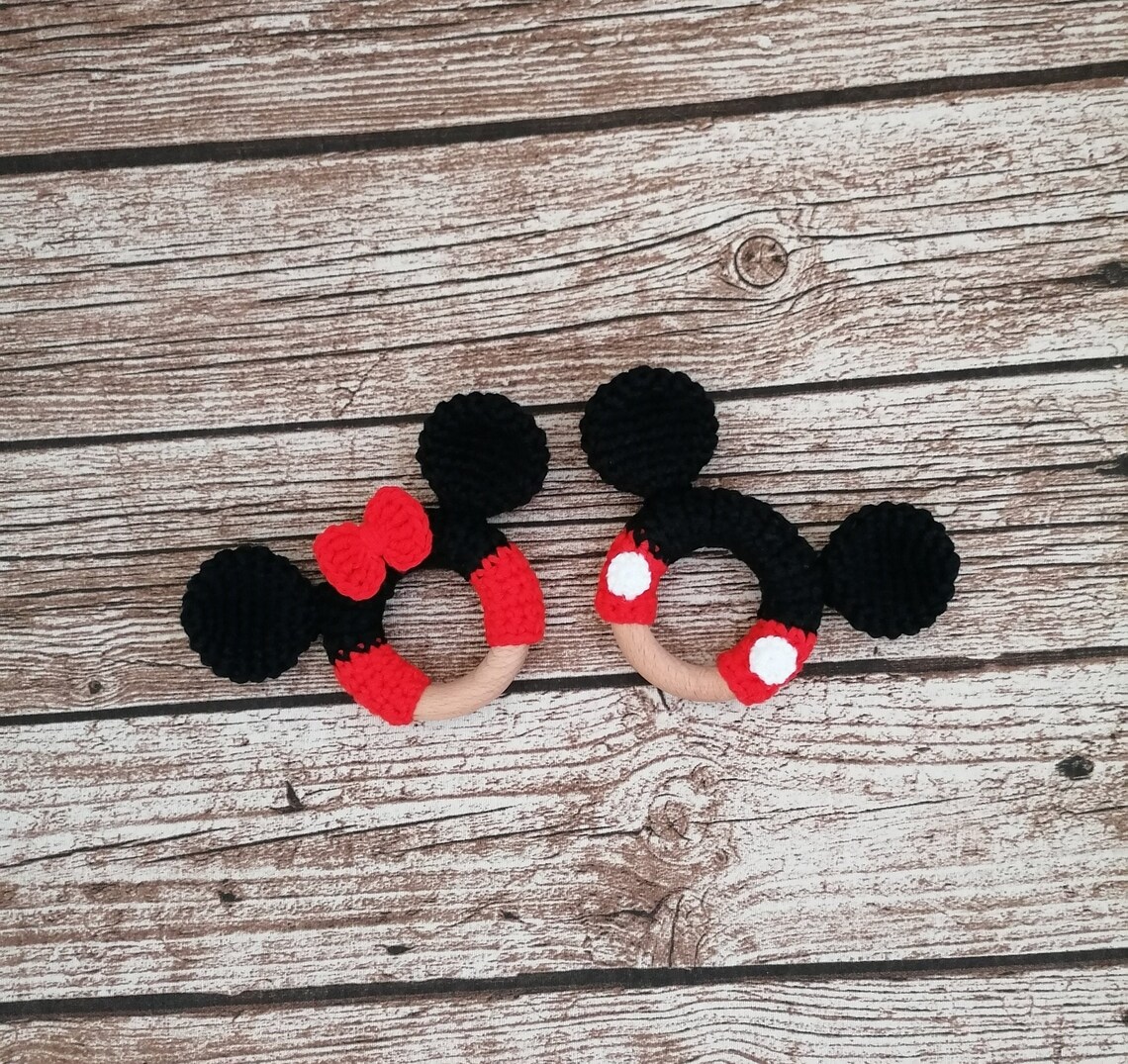Crochet Mouse Teething Ring Mickey Minnie Inspired Baby Etsy
