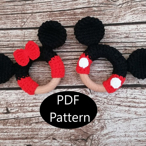 PDF Pattern, Crochet Mouse, Mickey and Minnie Inspired, Teething Ring, Amigurumi Pattern