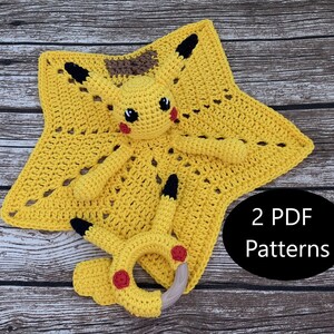 May include: A yellow crocheted Pikachu baby blanket with a matching crocheted teether. The blanket is shaped like a star and the teether is a ring with a wooden center. The text "2 PDF Patterns" is visible in the image.