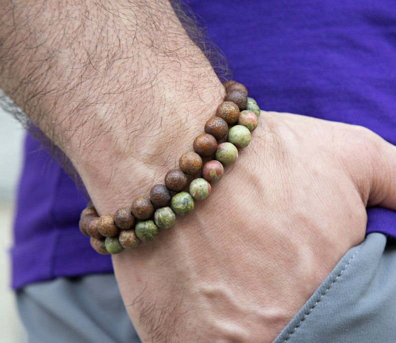 Jewelry Set for Men Green Brown Bead Bracelet Men Mens Beaded Bracelet Stretch Bracelet Men Bracelet Set Men Unakite Bracelet Men