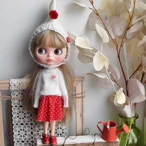 Knitted Angora Outfit for Blythe Doll: Sweater, Skirt & Hat
