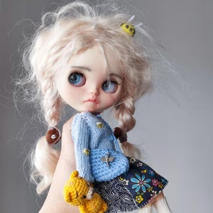 Knitted Angora Blythe Doll Outfit: Cardigan, Skirt, Bag & Boots