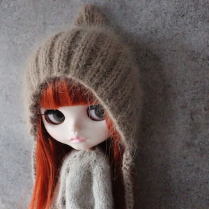 Knitted Mohair Bear Hat for Blythe Doll