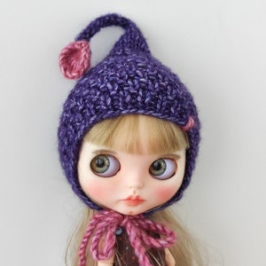 Hand Knit Alpaca Blythe Hat: Purple Pixie Doll Outfit