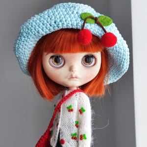 Knitted Blythe Doll Outfit: Angora Cardigan, Hat & Skirt