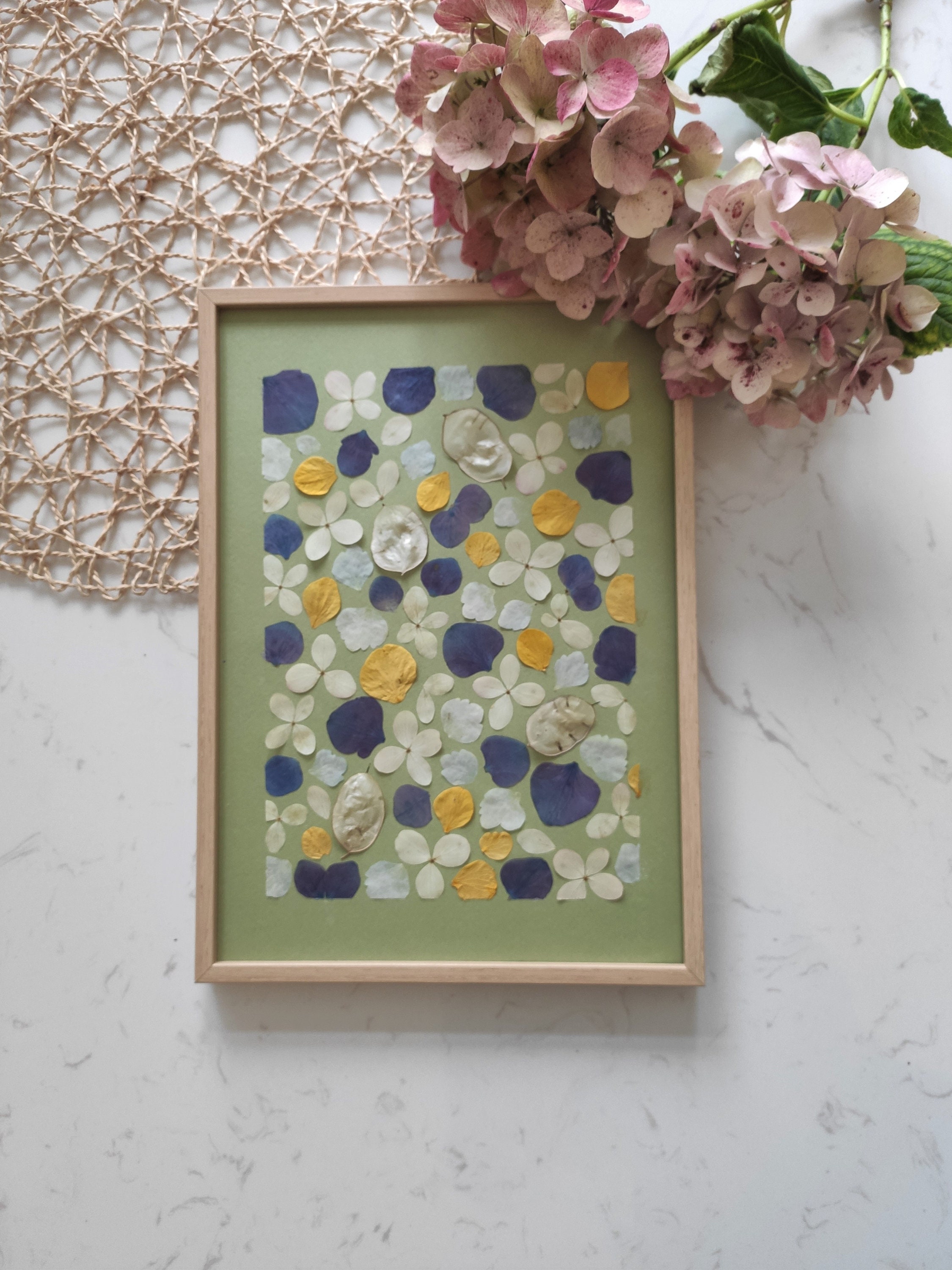 Herbier Encadré de Fleurs Séchées et Pressées, Hortensia Bleu, Jaune Blanc