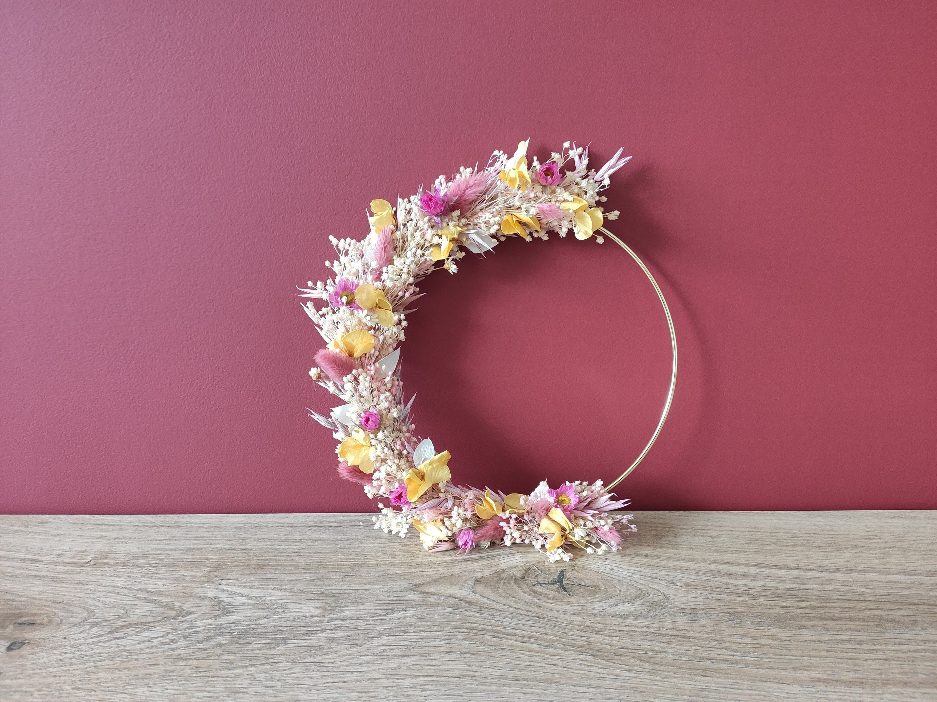 Couronne Murale de Fleurs Séchées, Hortensias Rose et Jaune