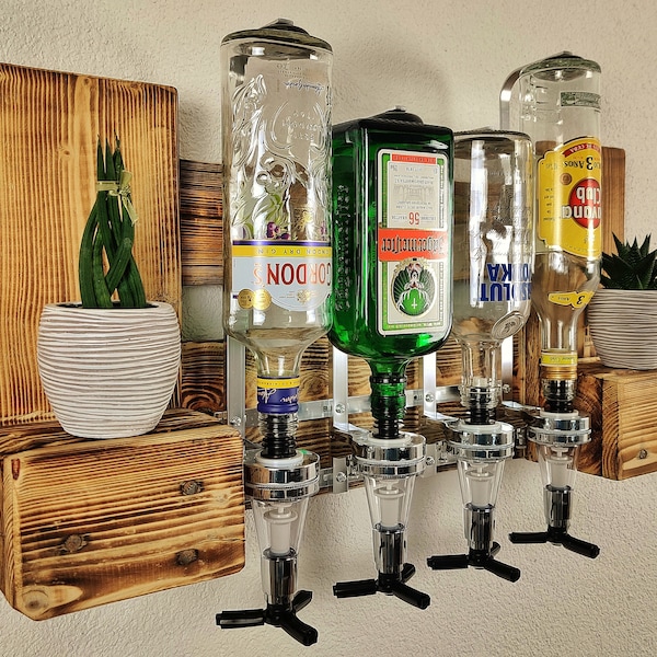 Schnapsbar mit Getränkespender Wandbar mit Flaschenhalter Weinregal aus Palette Weinbar aus Holz 4 Dosierer Schnapsbar beflammt