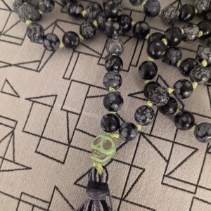 Snowflake Obsidian Stone with skull mala bracelet