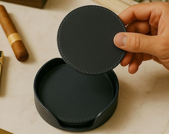 Personsalized Leather Coaster Set, Customized Round Drink Mats, Corporate Gifting Ideas, Leather Anniversary Gifts