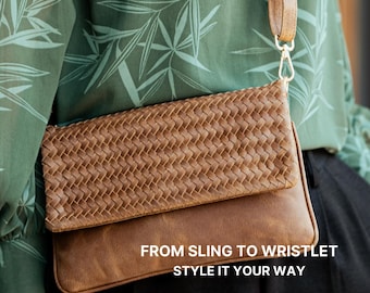 Saddle Brown Leather Crossbody – Boho Handmade Wristlet Clutch - Woven Leather Crossbody Bag For Women