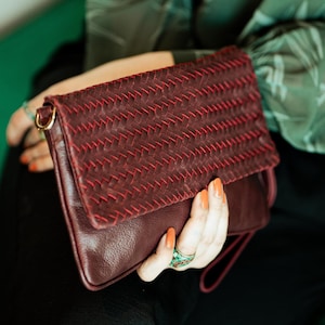 Bordeaux Leather Clutch – Handmade Wristlet Purse, Gift for Mom, Crossbody Everyday Bag For Women