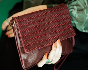 Bordeaux Leather Clutch – Handmade Wristlet Purse, Gift for Mom, Crossbody Everyday Bag For Women