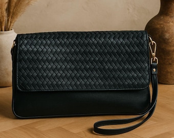 Black Leather Crossbody Bag For Women – Handmade Wristlet Purse for Her - Christmas Gifts For Moms Girlfriend