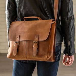 Personalized Leather Messenger Bag Monogram Men's Full Grain Leather Brown Laptop Briefcase Office Work Bag For Him