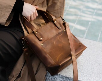 Personalized Leather Mini Tote Bag | Womens Mini Tote Crossbody Bag | Small Leather Handbag with zipper, crossbody strap | Hides Mini Totes