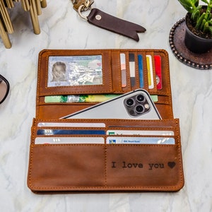 Portefeuille en cuir personnalisé pour femme, long portefeuille en cuir pleine fleur avec compartiment pour carte d'identité et téléphone, cadeaux pour elle
