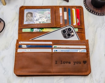 Personalized Leathet Wallet Women, Full Grain Leather Long Wallet with ID and Phone Compartment, Gifts For Her